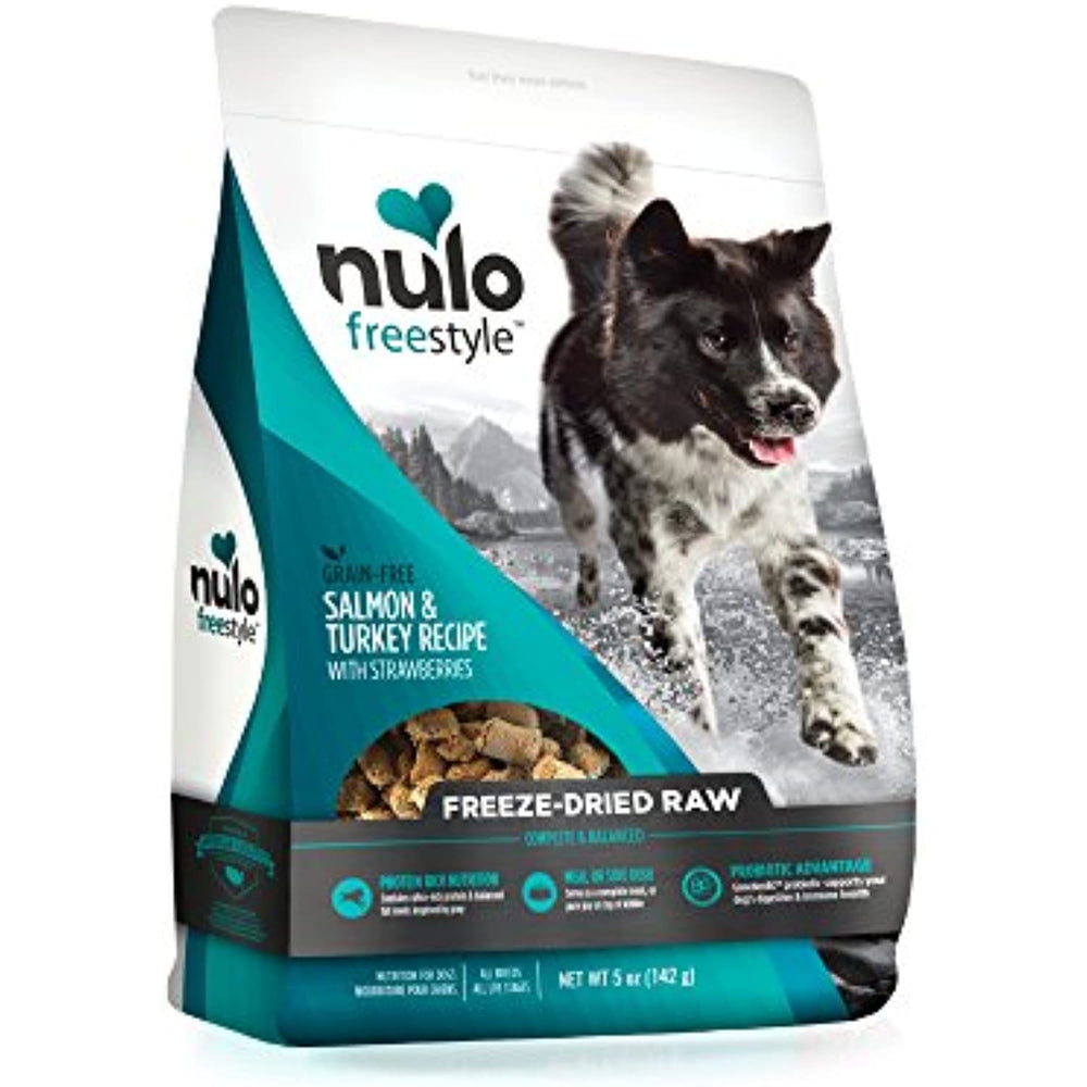 Nulo Freeze Dried Raw Dog Food For All Ages & Breeds: Natural Grain Free Formula With Ganedenbc30 Probiotics For Digestive & Immune Health - Salmon & Turkey With Strawberries - 5 Oz Bag