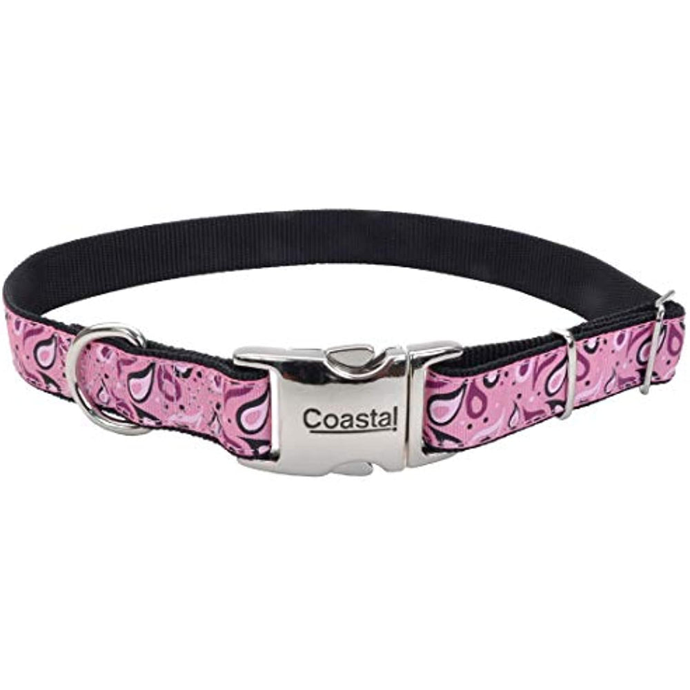 Coastal - Ribbon - Adjustable Dog Collar with Metal Buckle, Pink Paisley, 1