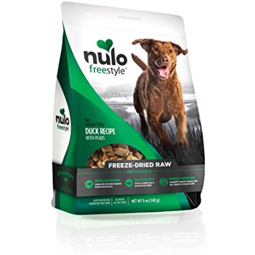 Nulo Freeze Dried Raw Dog Food For All Ages & Breeds: Natural Grain Free Formula With Ganedenbc30 Probiotics - Duck Recipe With Pears - 5 Oz Bag