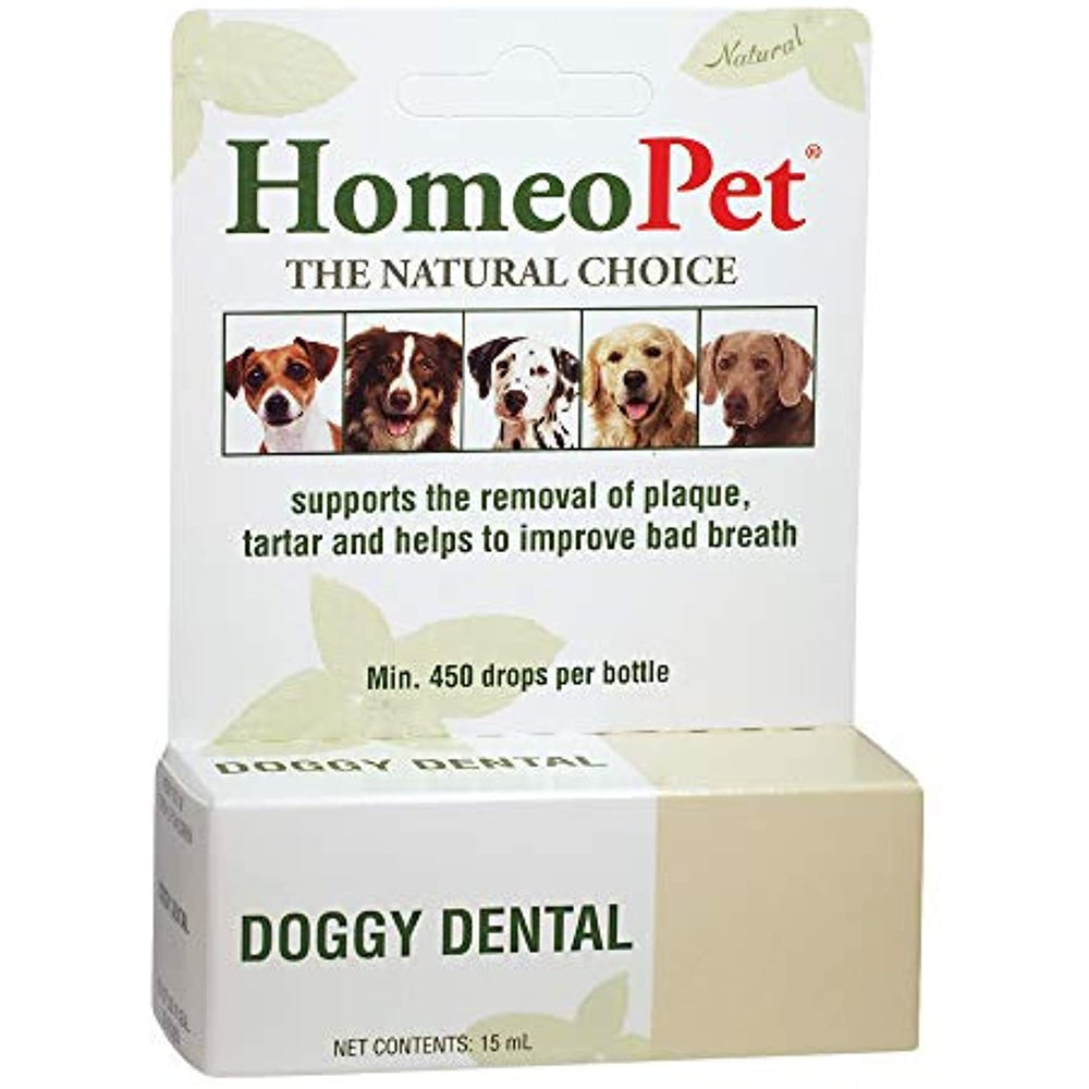 HomeoPet DOGGY DENTAL - 100% Natural Pet Medicine. For healthy teeth, gums and breath. Plaque build-up, tartar & bad breath. No brushing required. Dogs of all ages. 15ml/up to 90 doses per bottle