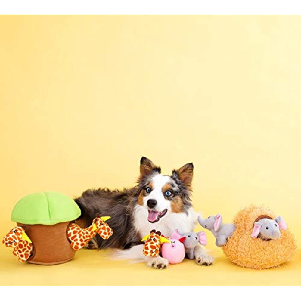 ZippyPaws - Zoo Friends Burrow, Interactive Squeaky Hide and Seek Plush Dog Toy - Monkey �n Banana