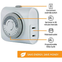 
              GE, 15119 24-Hour Indoor Basic Timer, 1 Polarized Outlet, Plug-In, Daily On/Off Cycle, 30 Minute Interval, for Lamps, Seasonal Appliances, and Portable Fans, 1 Pack
            