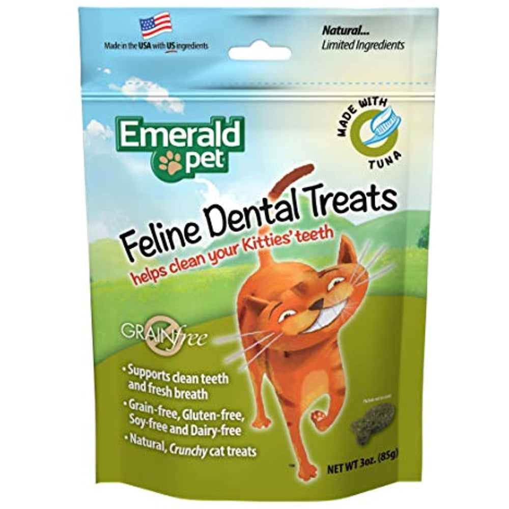 Emerald Pet Feline Dental Crunchy Natural Grain Free Cat Treats, Made in USA, Tuna, 3 oz (00403-CT)