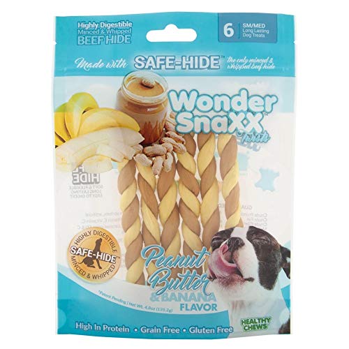 Healthy Chews Wonder SnaXX Twists Dog Treats, Peanut Butter & Banana Flavor, Made with Whipped Safe-Hide, Small/Medium, Pack of 6