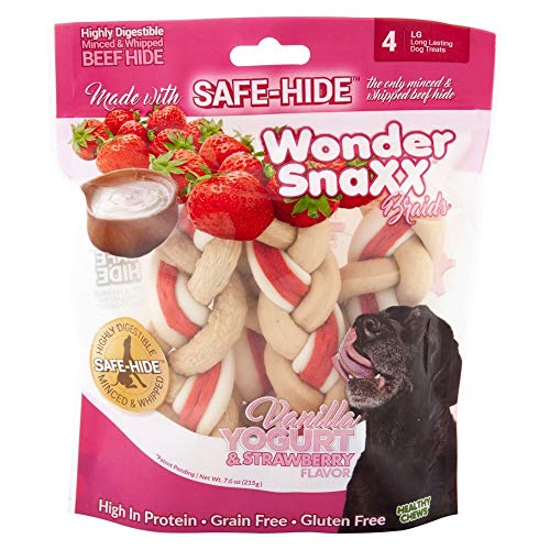 Healthy Chews Wonder Snaxx Braids, 4 Large, Vanilla Yogurt and Strawberry Flavor Dog Treats Made with Whipped Rawhide
