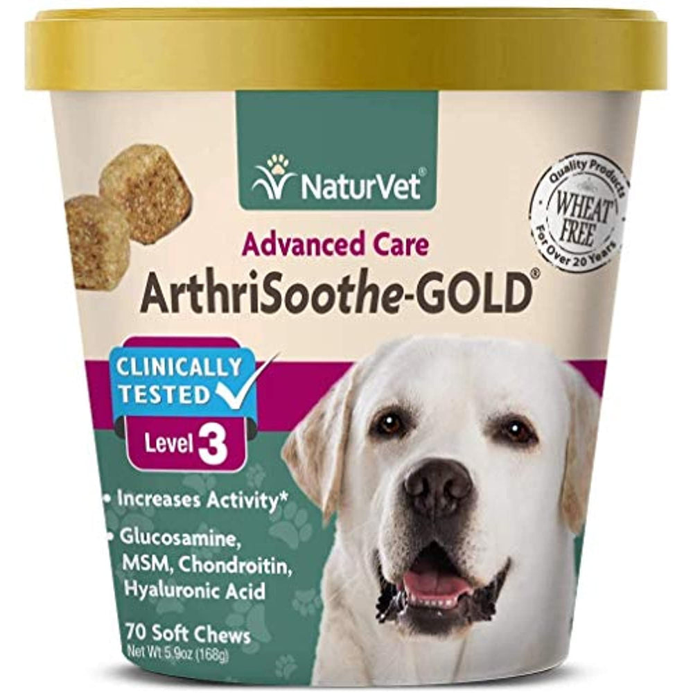 NaturVet ArthriSoothe-Gold Level 3 Advanced Joint Care for Dogs  Soft Chew Dog Supplement with Glucosamine, MSM, Chondroitin & Hyaluronic Acid  Wheat-Free Pet Supplements  70 Ct.