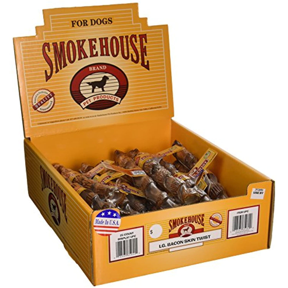 Smokehouse Pet Products Dsm85955 25-Pack Large Bacon Skin Twist Dog Treat With Shelf Display Box