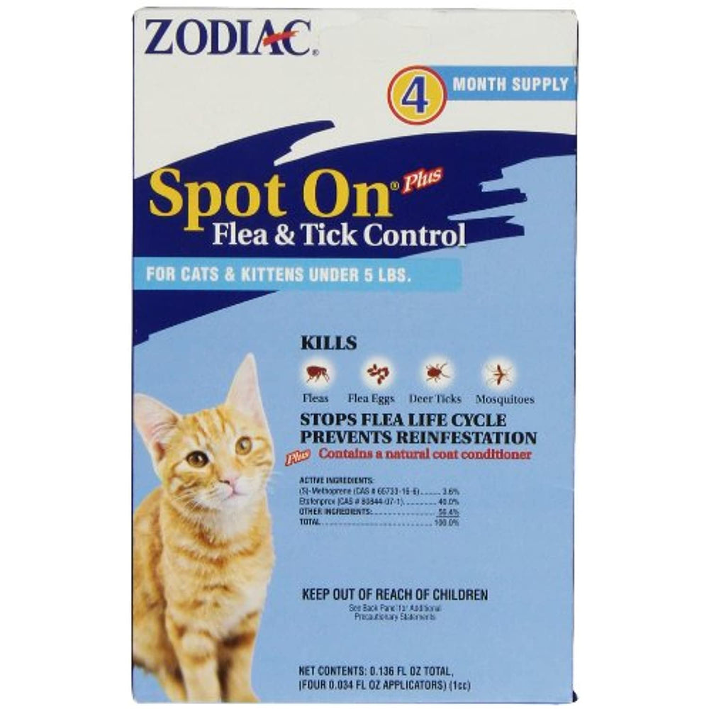 Zodiac Spot On Plus Flea & Tick Control for Cats & Kittens Under 5 Poundsr, 4-Month Supply
