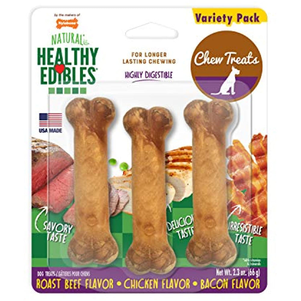 Nylabone Healthy Edibles All Natural Long Lasting Chew Treats Variety Pack, Roast Beef & Chicken & Bacon Petite 3 count, Brown (491151)