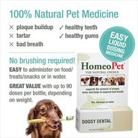 HomeoPet DOGGY DENTAL - 100% Natural Pet Medicine. For healthy teeth, gums and breath. Plaque build-up, tartar & bad breath. No brushing required. Dogs of all ages. 15ml/up to 90 doses per bottle