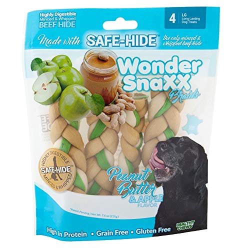Healthy Chews Wonder SnaXX Braids Dog Treats, Peanut Butter & Apple Flavor, Made with Whipped Safe-Hide, Large, Pack of 4