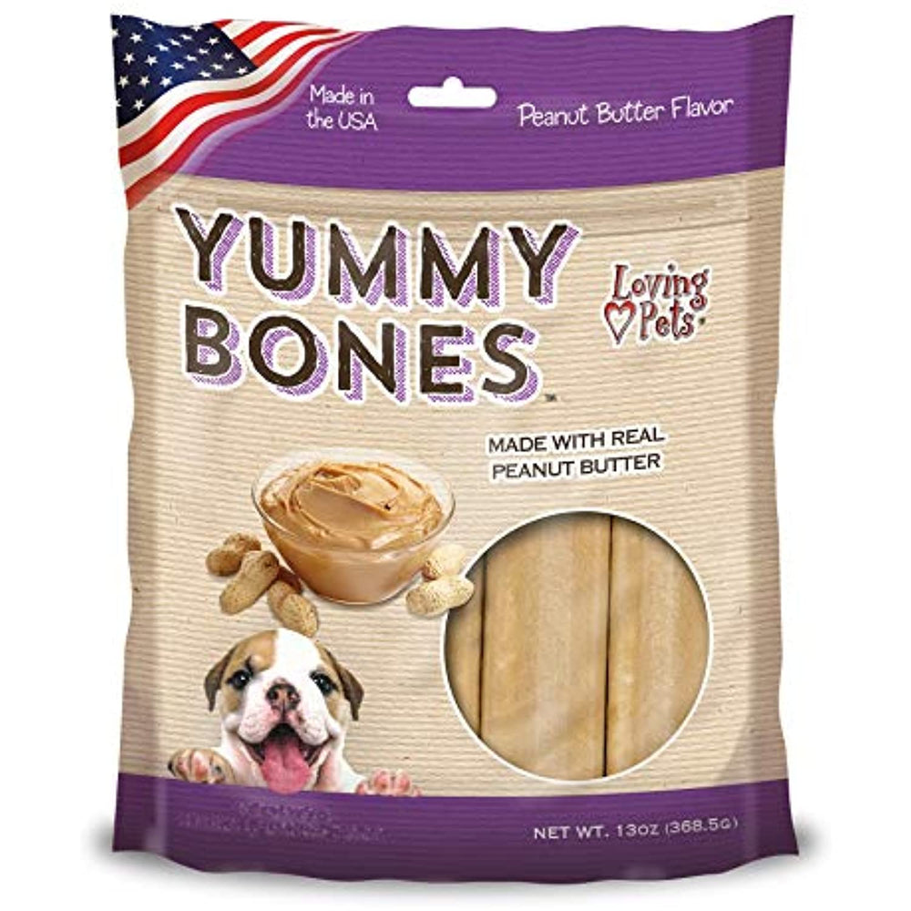 Loving Pets Yummy Bones Dog Treats, Peanut Butter Flavor, 13oz, Toy/Small, Brown