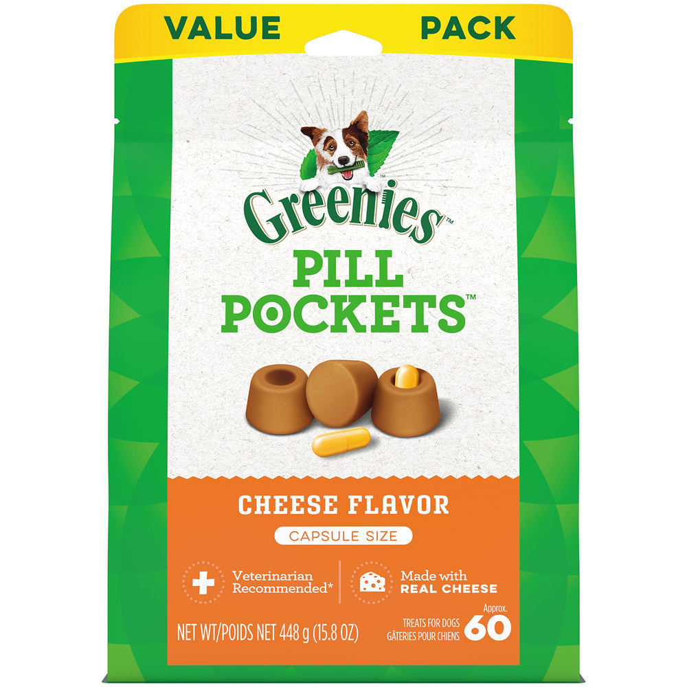 GREENIES PILL POCKETS for Dogs Capsule Size Natural Soft Dog Treats, Cheese Flavor, 15.8 oz. Pack (60 Treats)