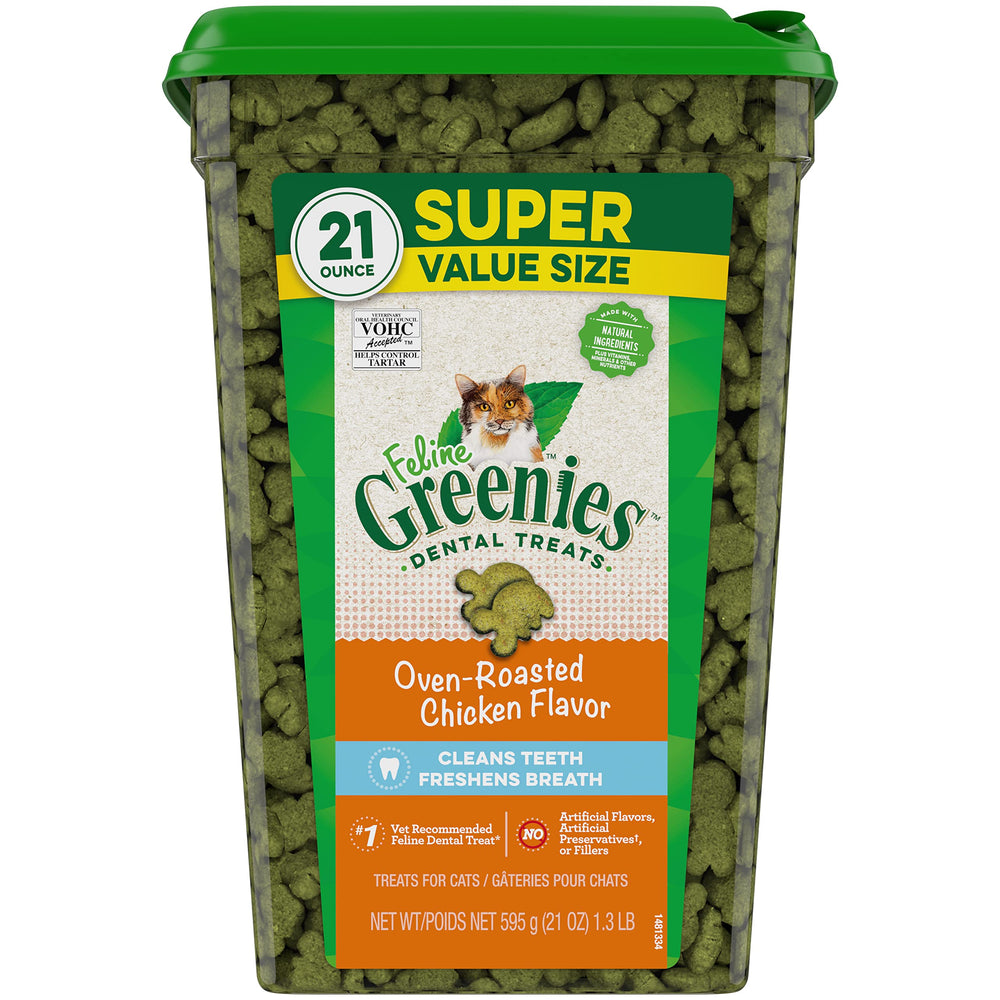 FELINE GREENIES Natural Dental Care Cat Treats Oven Roasted Chicken Flavor, 21 oz. Tub