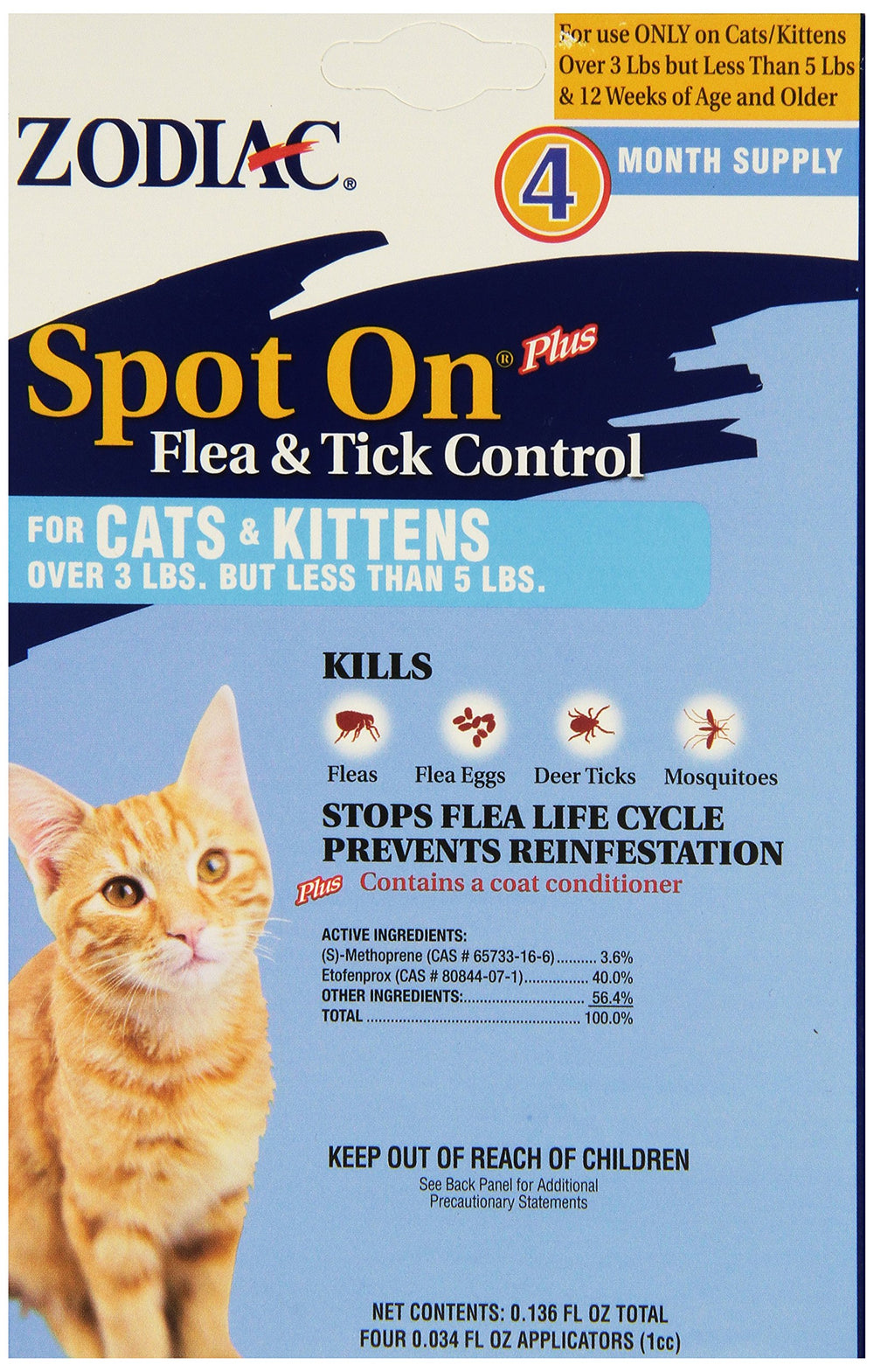 Zodiac Spot On for Cats and Kittens Under 5-Pounds, 4 Month Supply
